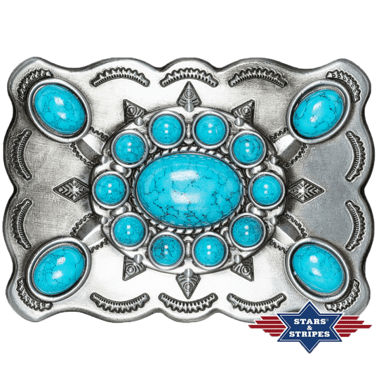 Srebrna klamra ozdobiona z turkusowymi kamieniami