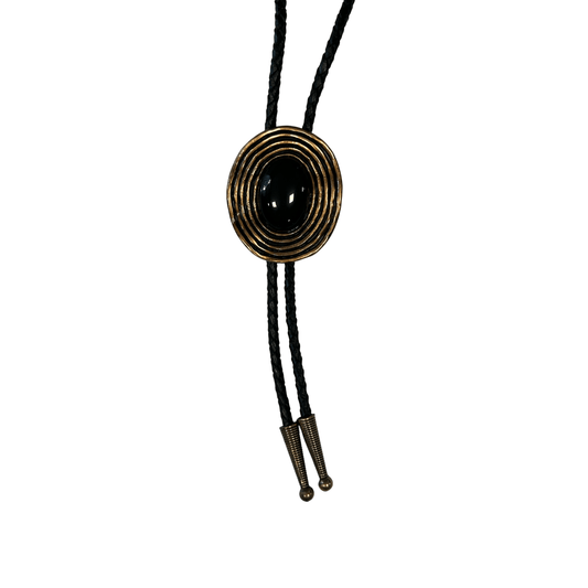 Bolo Tie Western Black Stone & Bronze Spiral Design