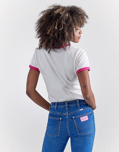 WRANGLER X BARBIE™ LOGOS SLIM RINGER TEE IN WORN WHITE