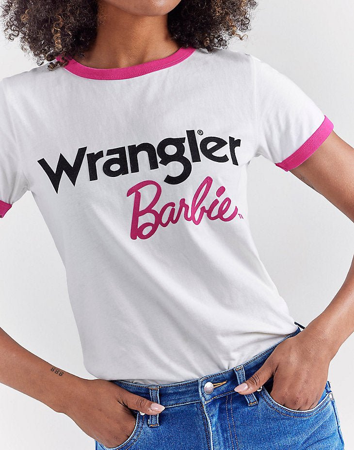 WRANGLER X BARBIE™ LOGOS SLIM RINGER TEE IN WORN WHITE