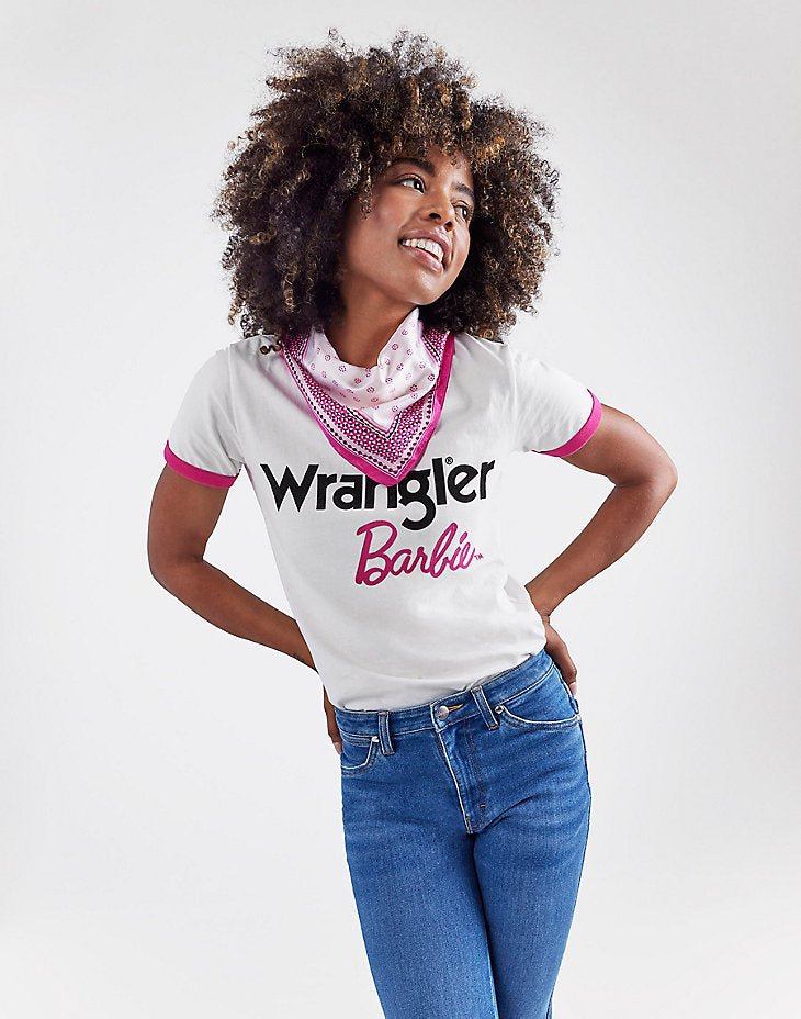 WRANGLER X BARBIE™ LOGOS SLIM RINGER TEE IN WORN WHITE